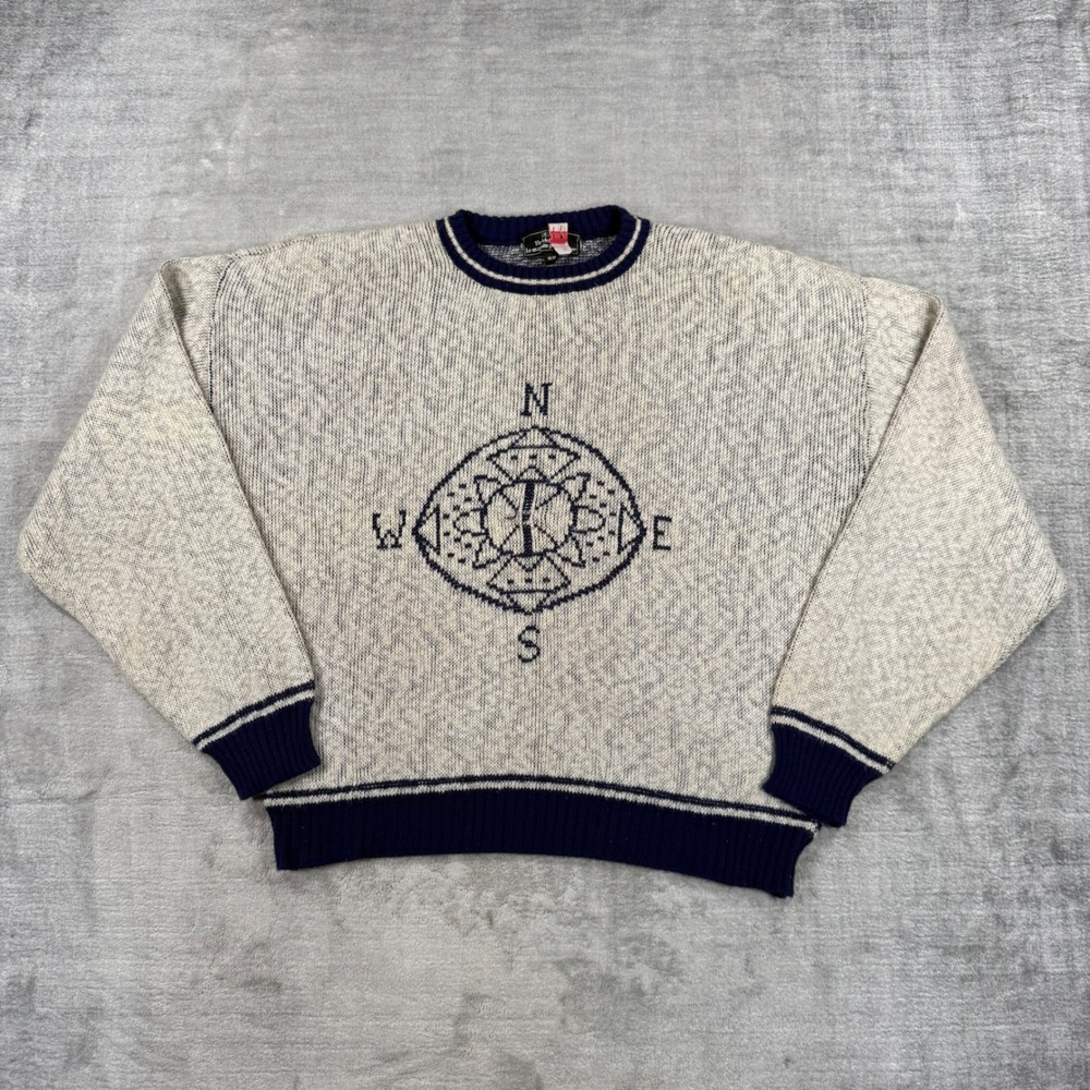 Sears Sweater Mens Medium Cream Compass Graphic Nautical Vintage 80s Knit